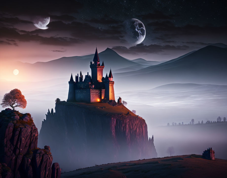 Castle on Cliff with Two Moons, Tree, Mountains at Twilight