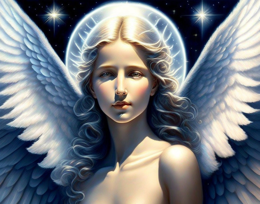 Illustration of angelic figure with white wings and glowing halo on starry night background