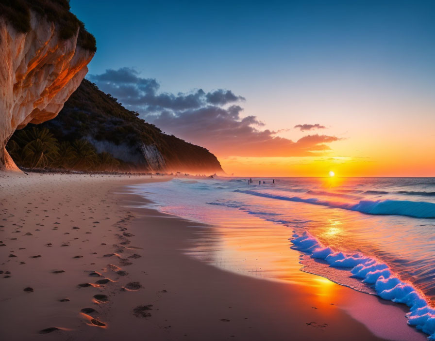 Vibrant sunset beach scene with silhouetted figures and crashing waves