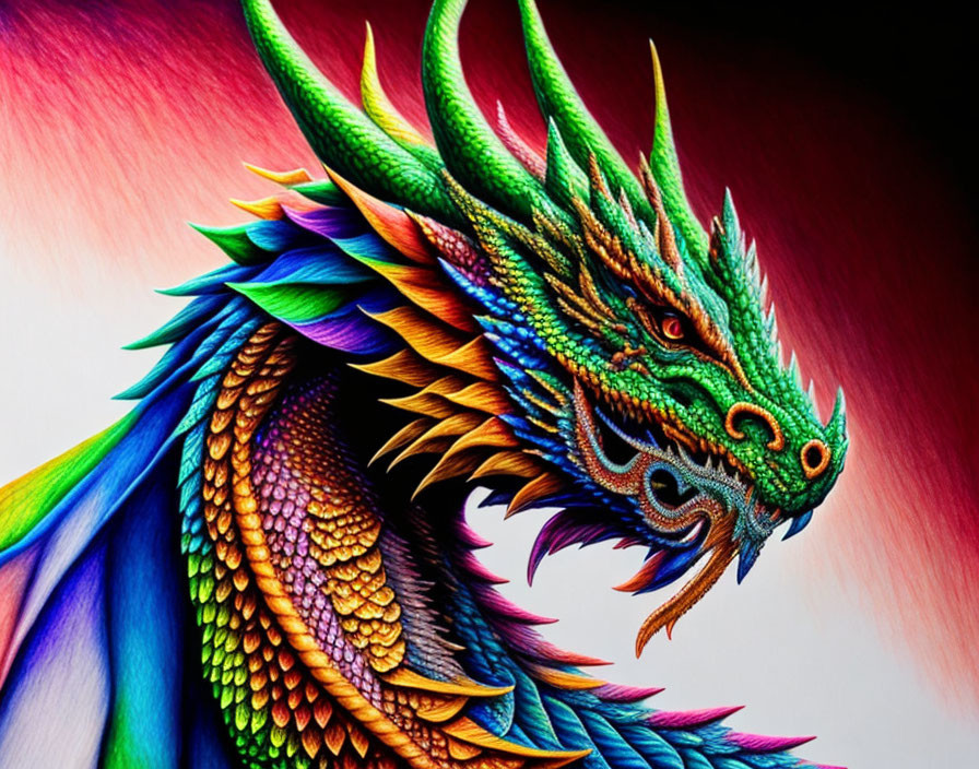 Vibrant dragon illustration with green, blue, and orange scales