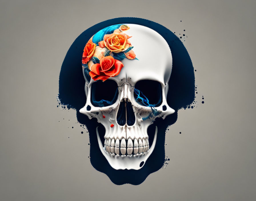 Illustration: Human skull with blue butterflies and orange roses.