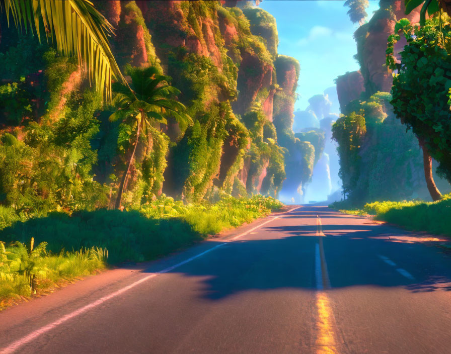 Scenic road surrounded by cliffs and greenery near distant waterfall