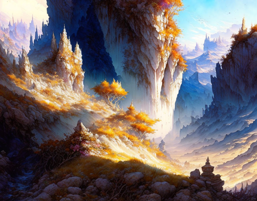 Colorful fantasy landscape: cliffs, autumn trees, shrine, soft sunlight.