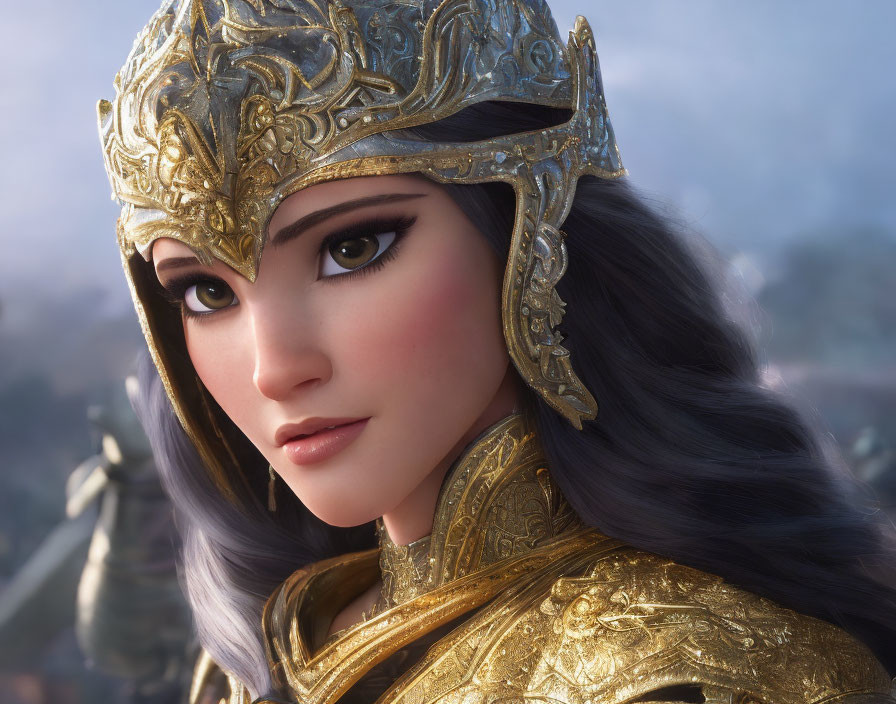 Intricate golden armor on a woman with dark hair in digital portrait