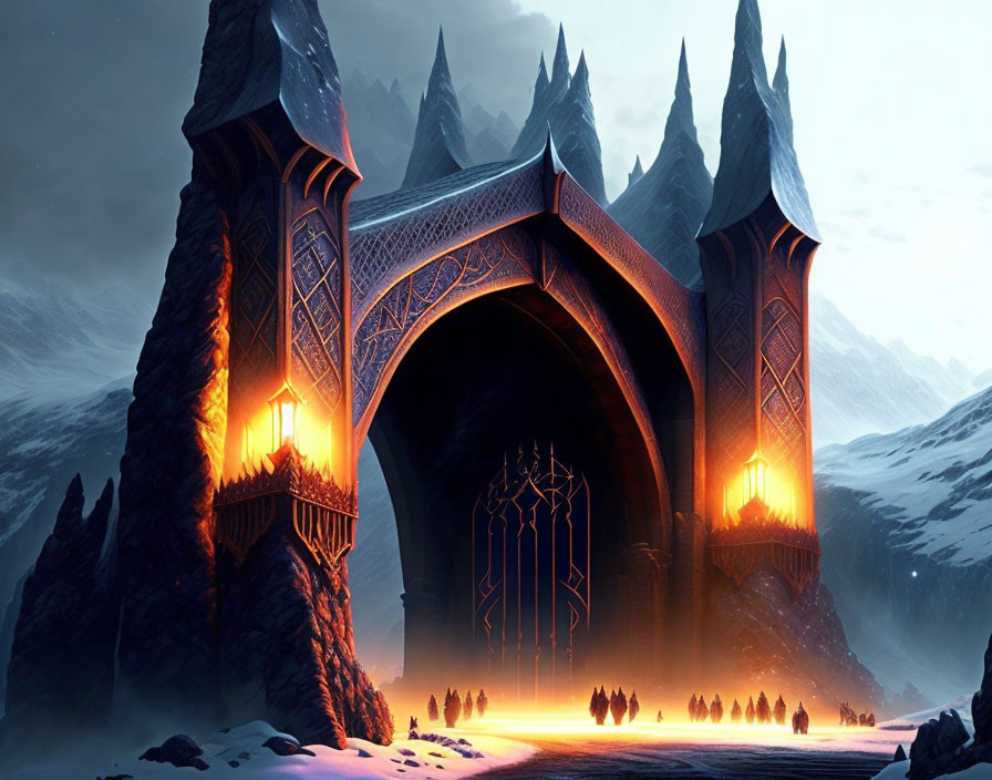 Fantasy castle gates in snow-covered landscape at night with warm glowing lights.