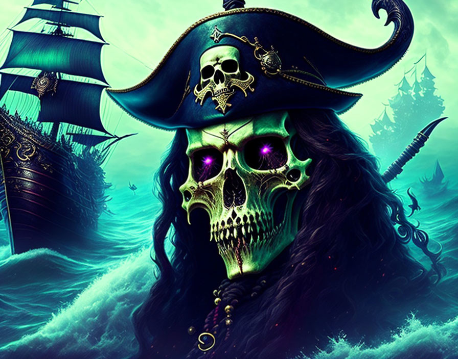 Fantastical pirate skull with glowing green eyes and tricorne hat amidst ghostly ships and ocean