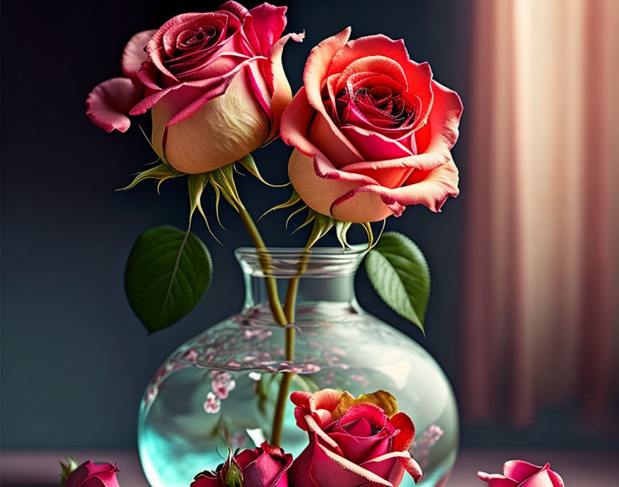 Multicolored rose bouquet in clear vase with sunlight filtering through window