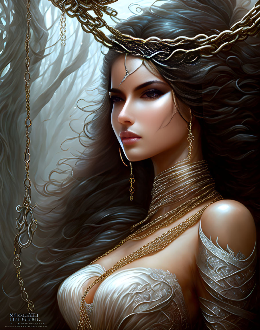 Digital painting: Woman with voluminous hair, adorned in gold jewelry and arm tattoos.