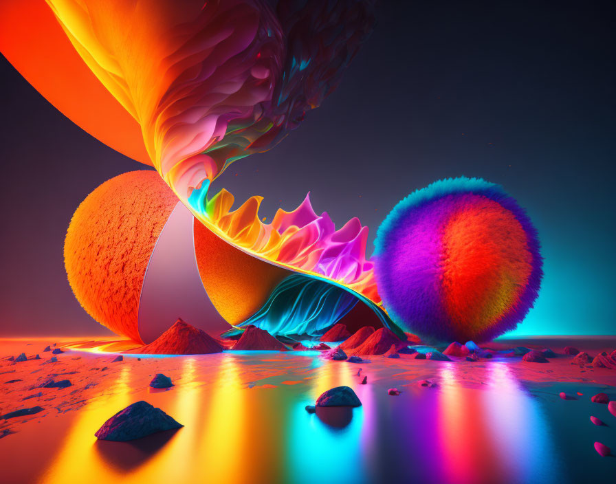 Colorful digital artwork: Fluid shapes, neon colors, spheres, reflective surfaces, sandy ground.