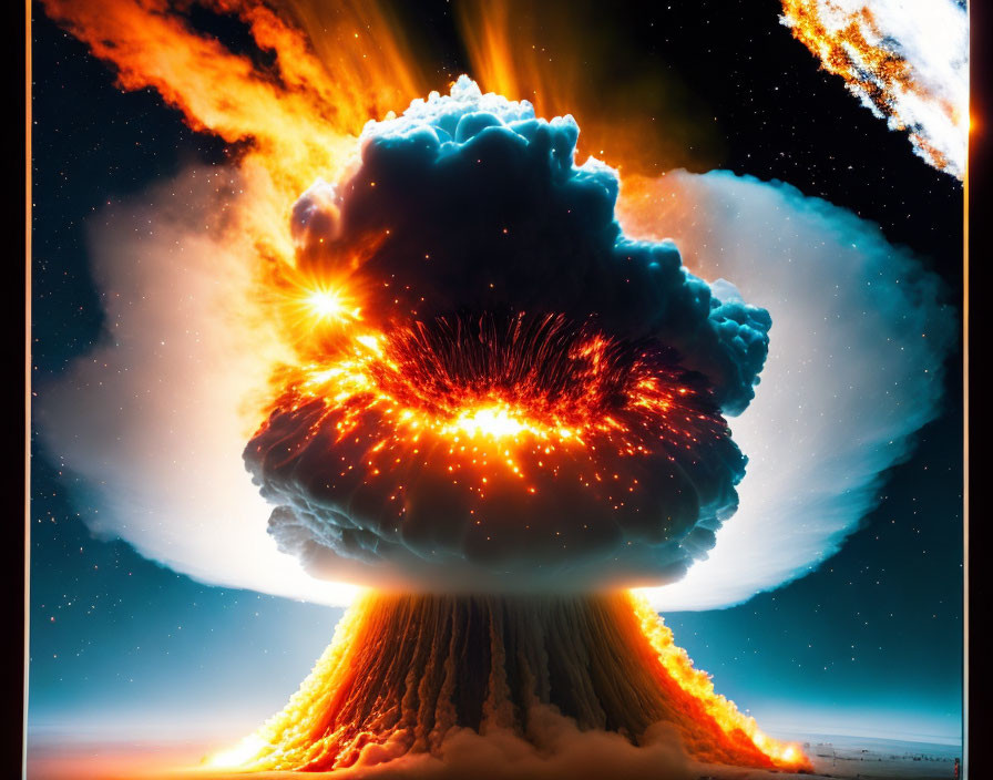 Fiery explosion with mushroom cloud in starry space