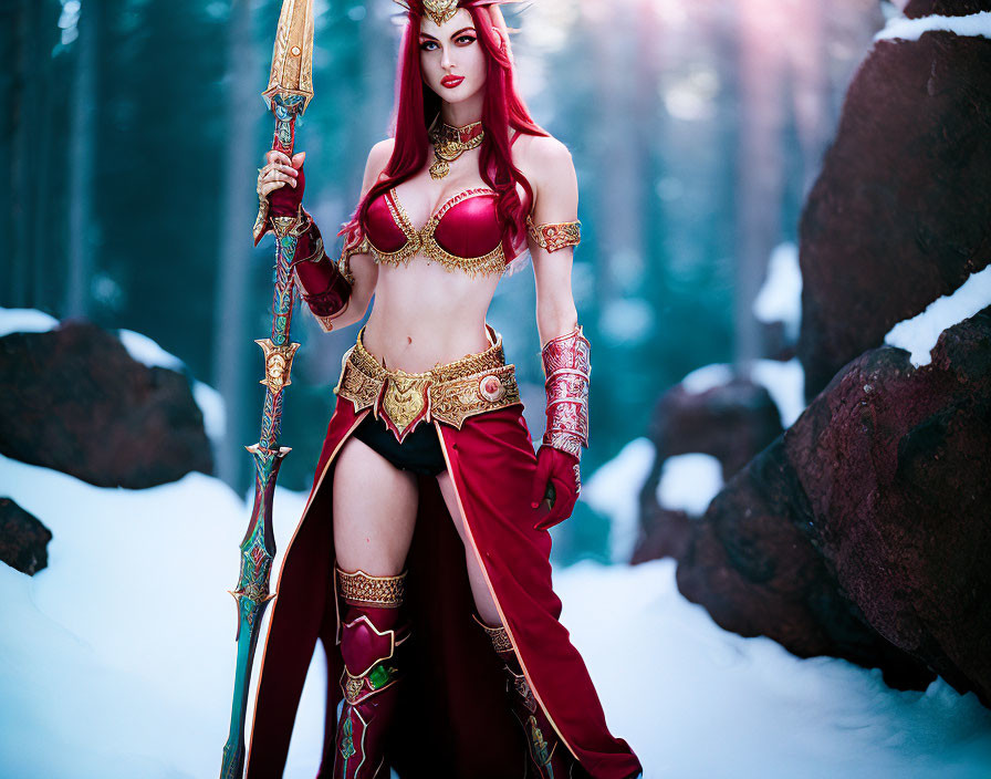 Elaborate fantasy costume with red and gold armor in snowy forest pose