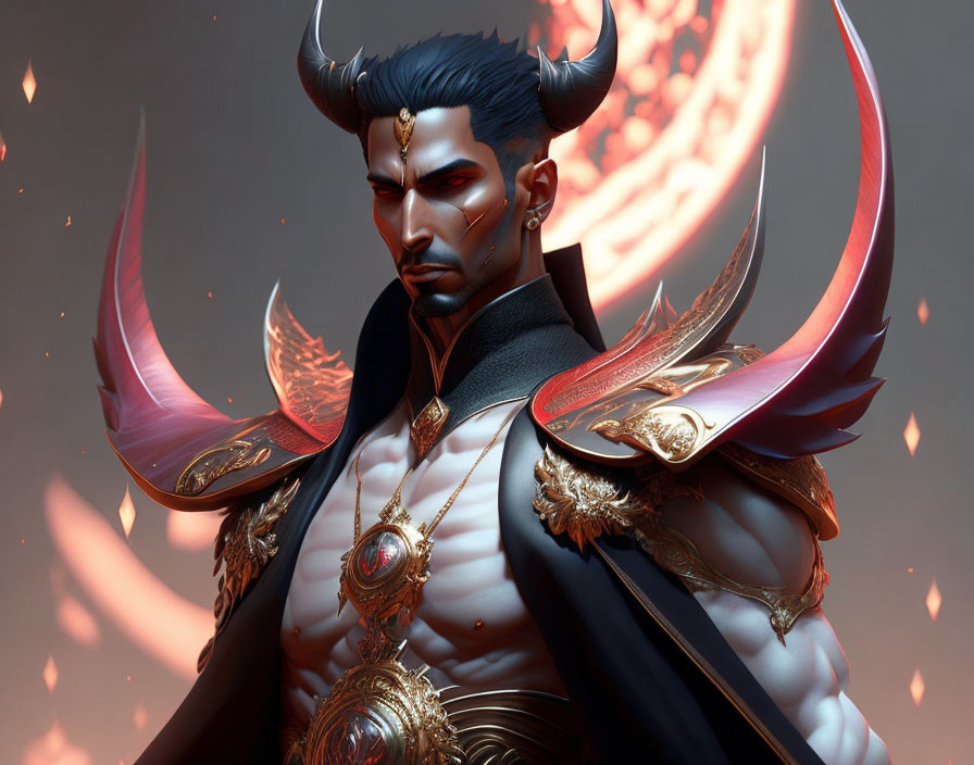 Digital portrait: Male figure with demonic horns in ornate armor against glowing ember backdrop