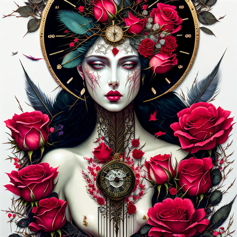 Mystical female figure with clock halo, red roses, feathers, tattoos, and jewelry