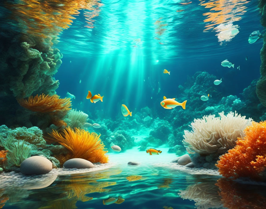 Vibrant coral reef with tropical fish and marine flora under sun rays