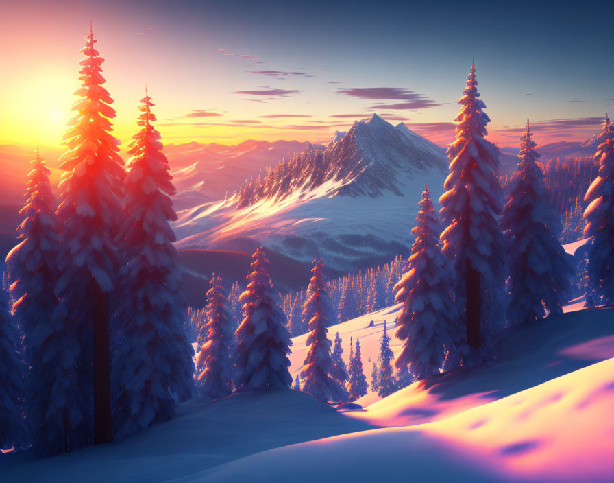 Snowy Sunset Landscape with Majestic Mountains & Pine Trees