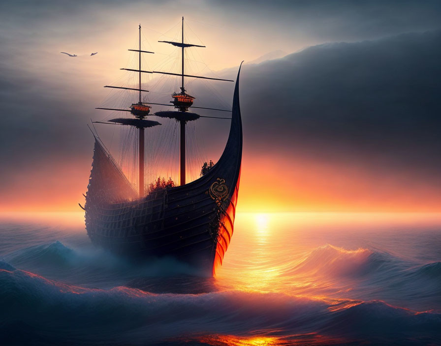 Majestic ship with elaborate sails on turbulent sea under warm sunset