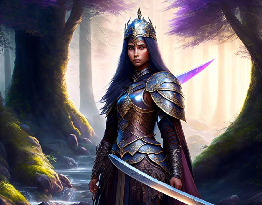 Warrior woman in ornate armor with sword in mystical forest