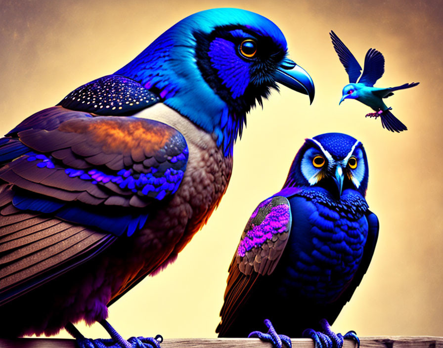 Colorful Stylized Birds Perched Watching Third Bird in Flight