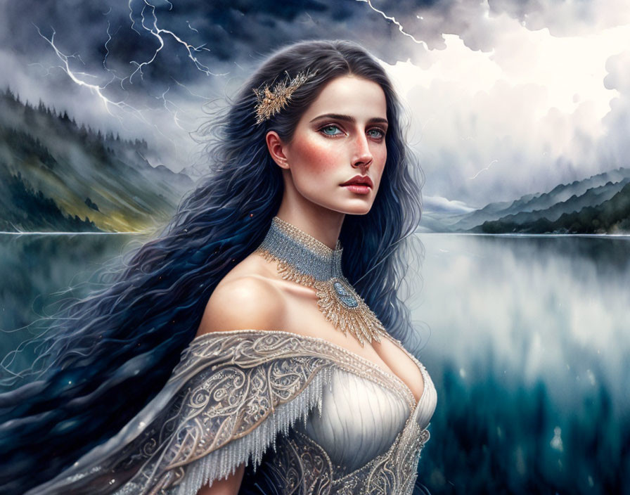 Portrait of woman with blue eyes and dark hair in regal attire against stormy lakeside backdrop