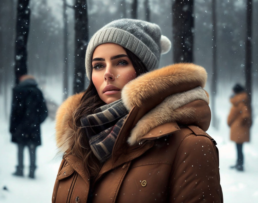 Woman in winter hat and coat gazing into snowy background.