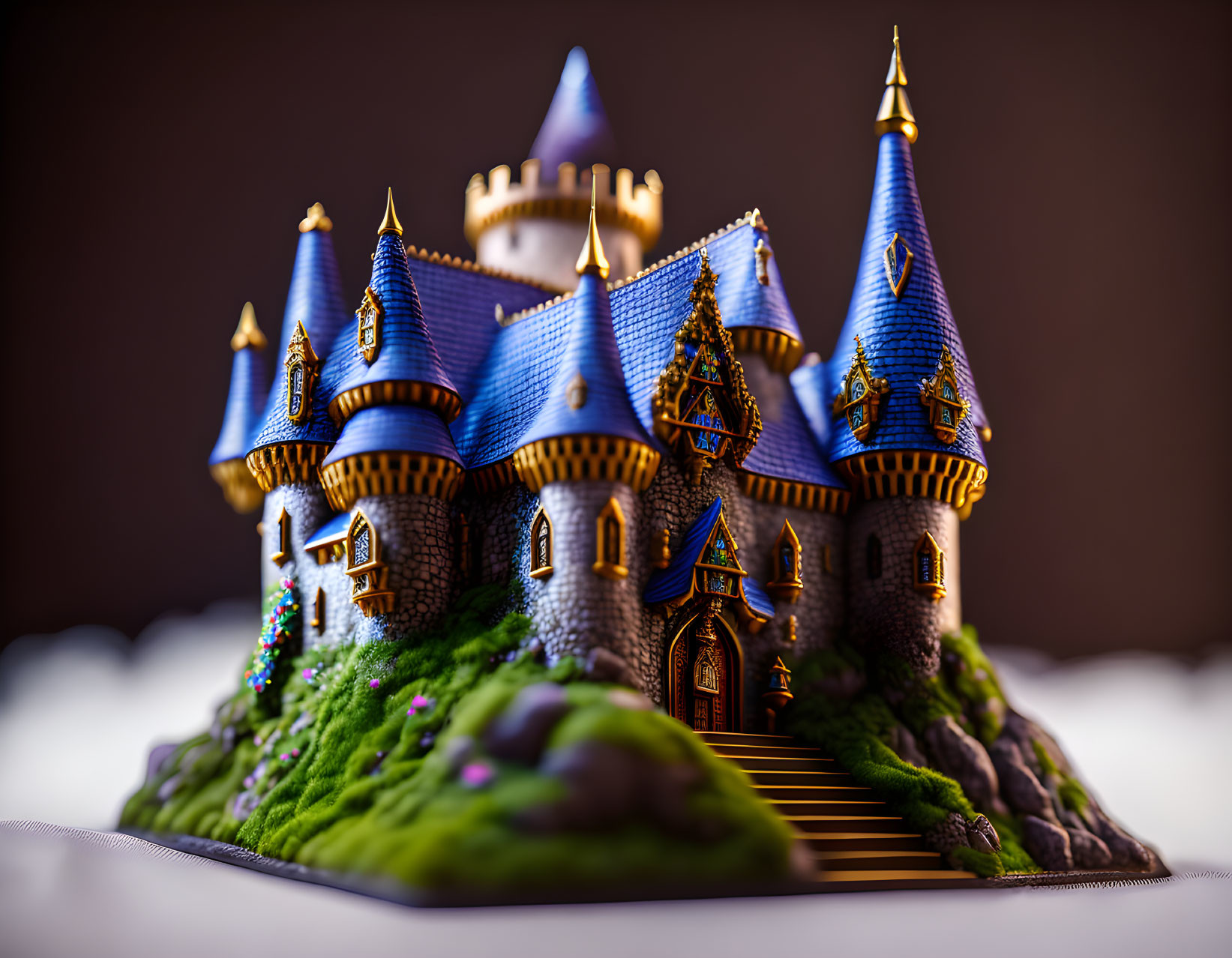 Miniature Castle with Blue Turrets and Green Landscaping