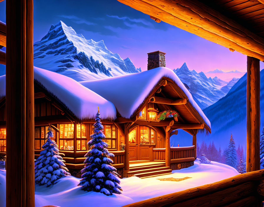 Snow-covered log cabin with decorated pine trees in twilight scenery