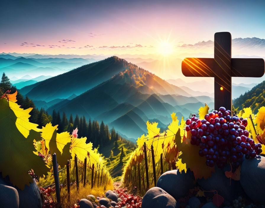 Scenic sunrise over misty mountains with wooden cross and grapevines symbolizing hope.