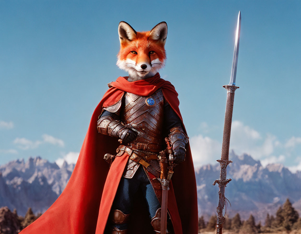 Fox in knight armor with sword and red cape against mountainous backdrop