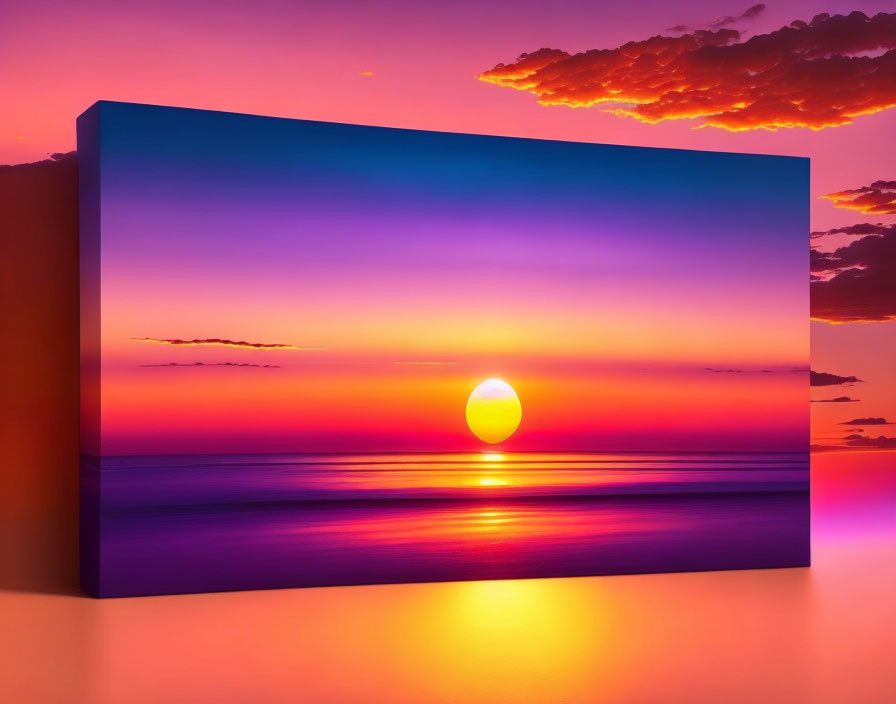 Sunset canvas print: vibrant colors, yellow sun, purple and orange sky, calm sea