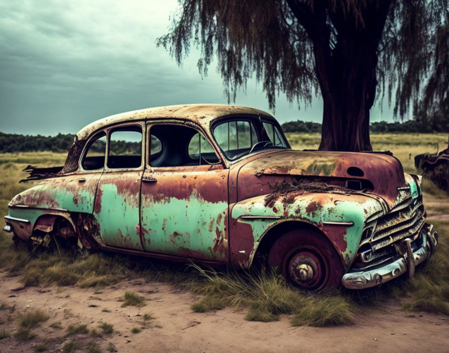 Abandoned rusty car in grassy field with peeling paint