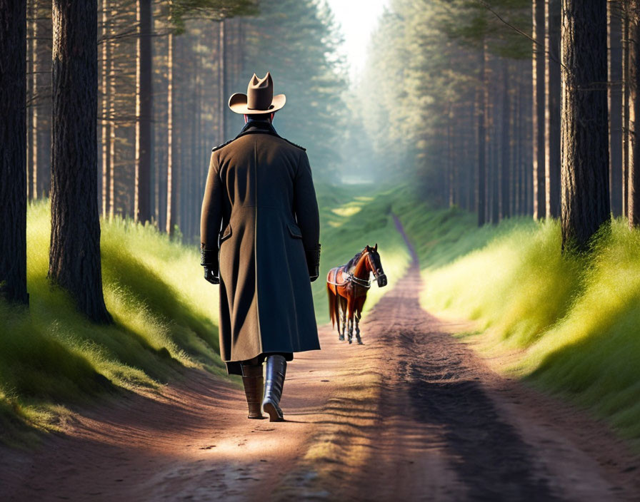 Person in Long Coat Walking Towards Horse on Treelined Path