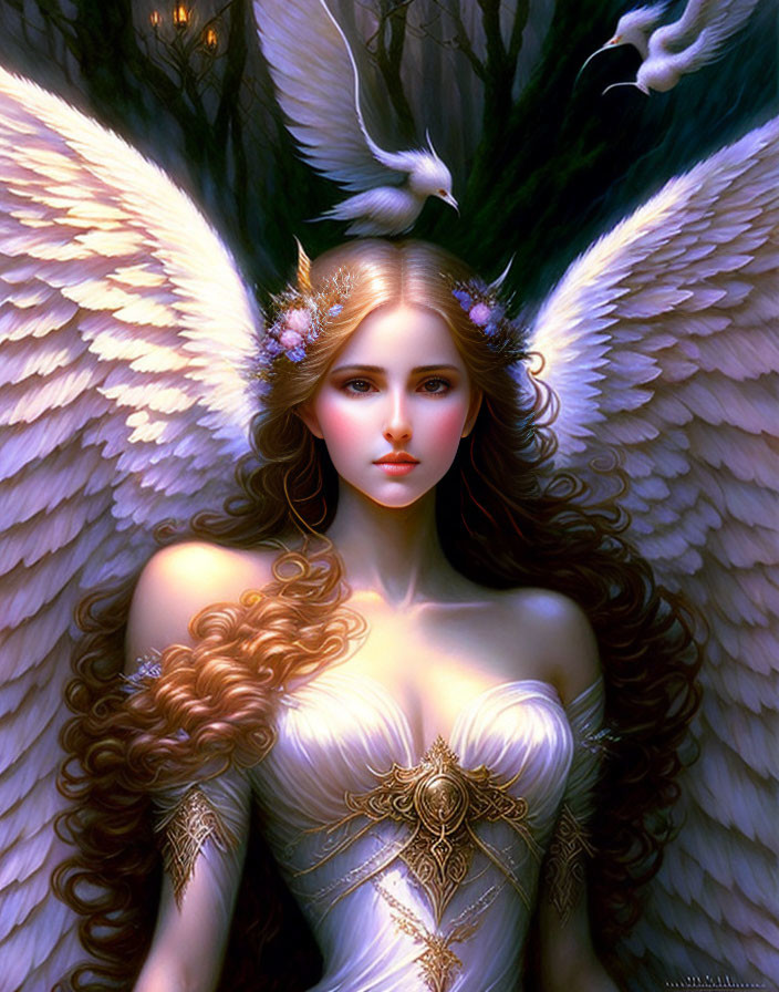 Ethereal woman with white wings, golden tiara, doves, and soft light