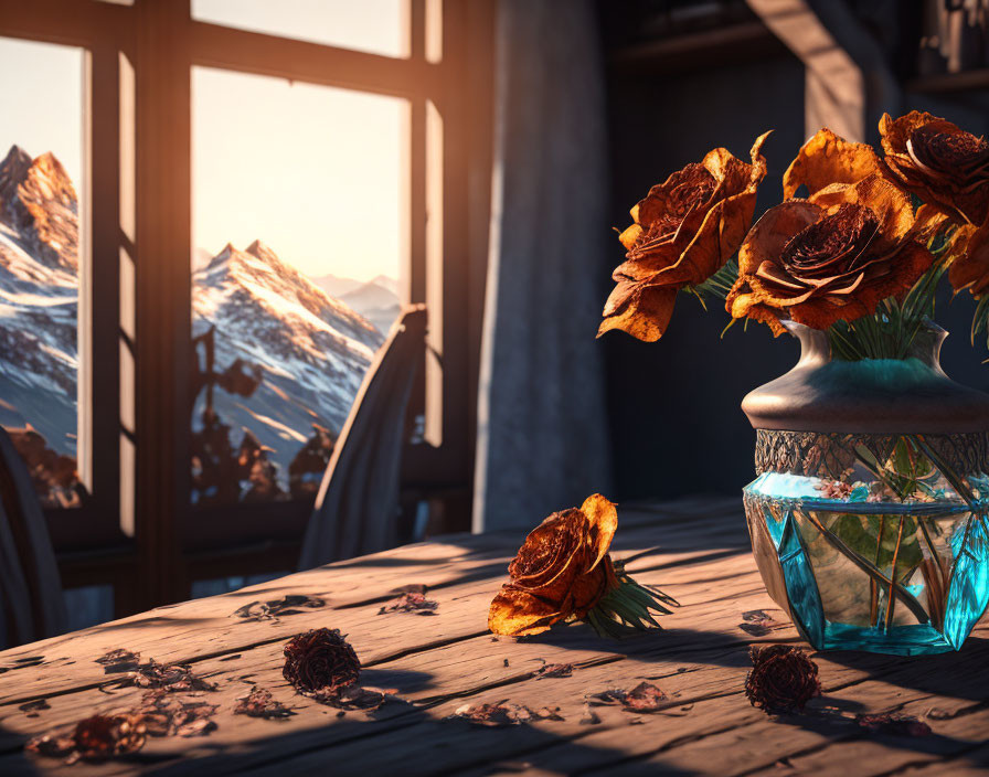 Wooden table with dried roses, petals, and snowy mountain view at sunset