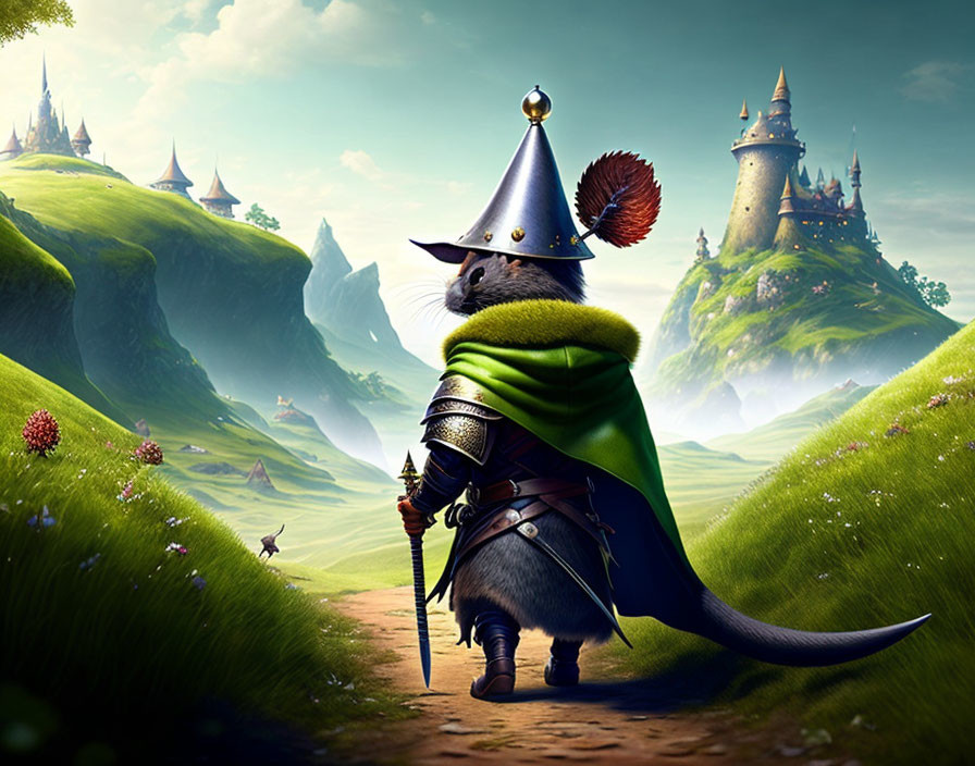 Fantastical landscape with anthropomorphic mouse knight in armor