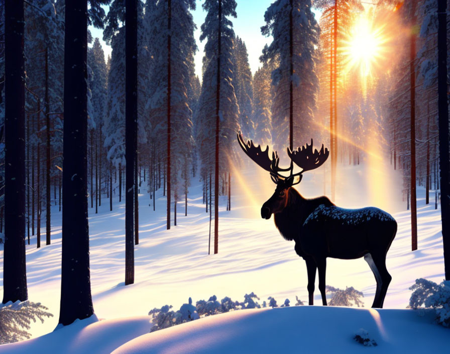 Majestic moose in snowy forest with sunbeams through pine trees