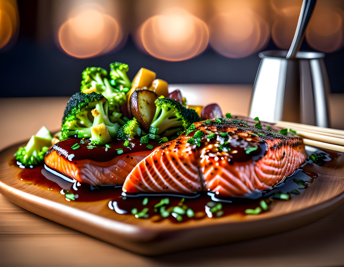 Grilled Salmon with Sesame Glaze, Broccoli, Mango, Green Onions