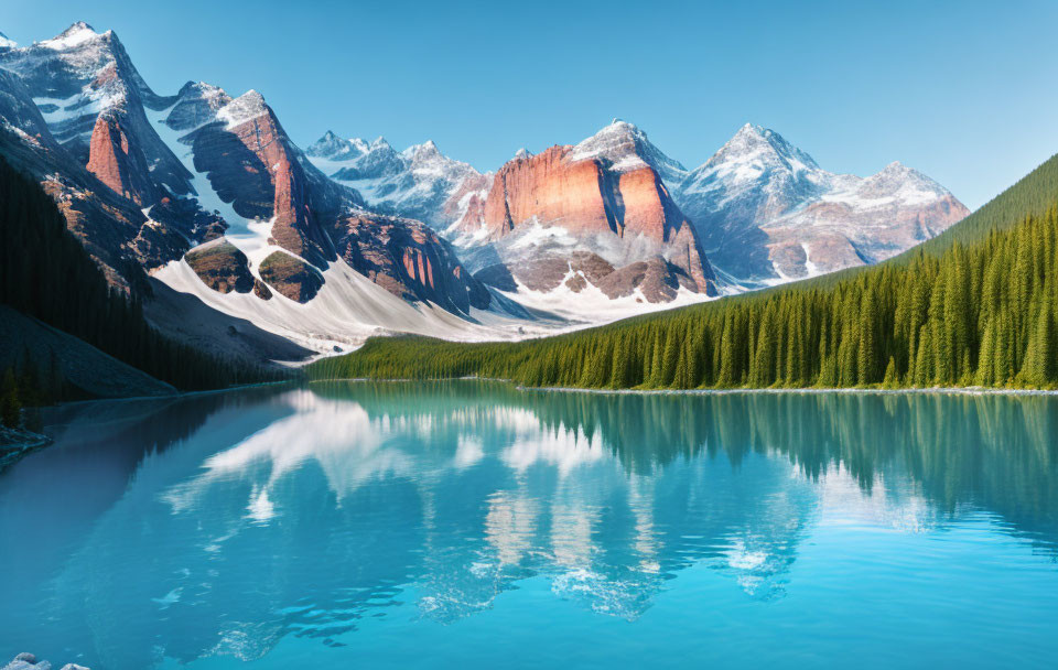 Snow-capped mountains reflected in tranquil turquoise lake