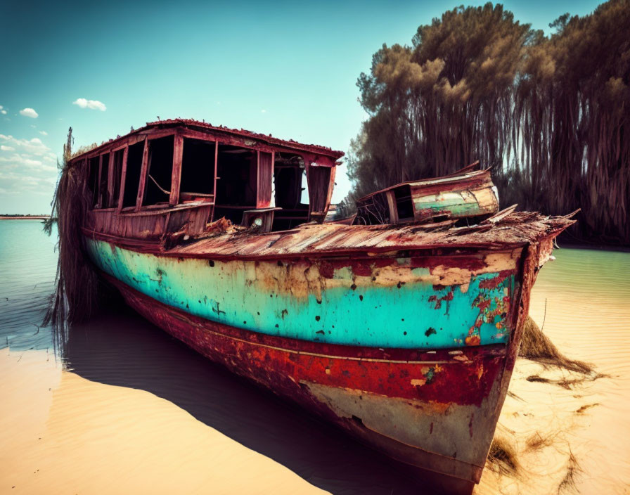 Rusted multicolored boat on sandy shore with green trees