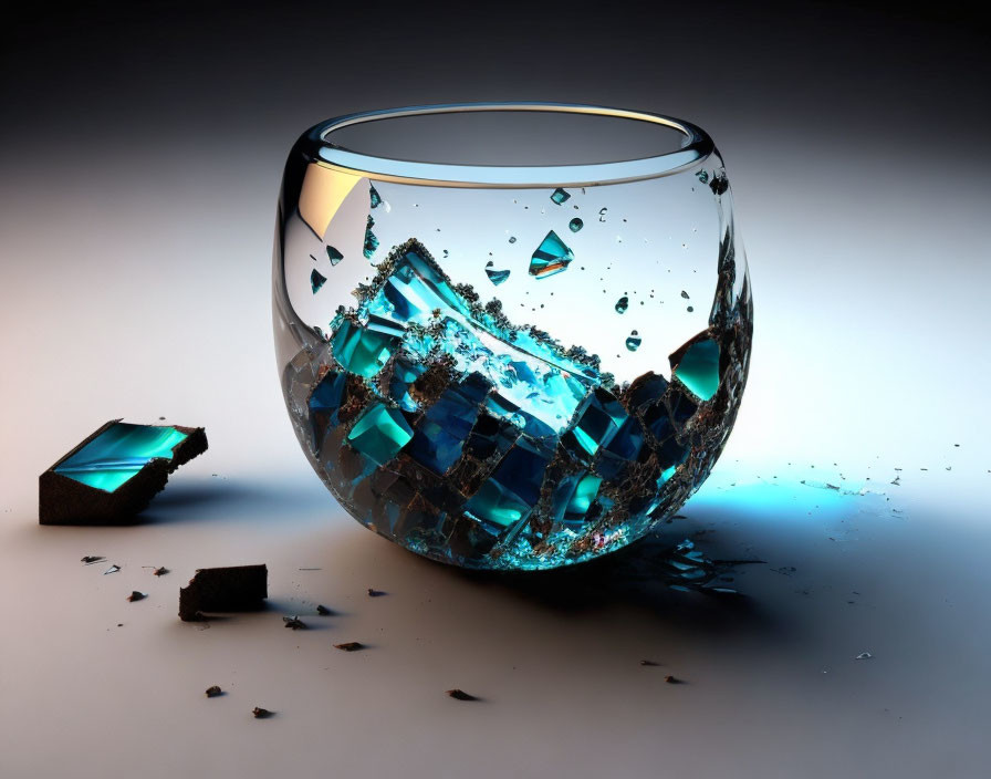 Shattered glass bowl with blue light highlights on gradient background