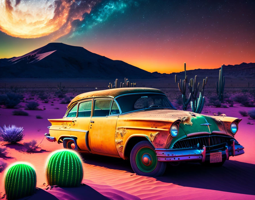 Abandoned vintage car in desert twilight with cacti under starry sky