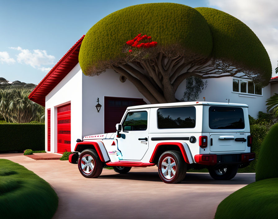 White SUV parked by house with red garage door, lush greenery, and unique tree with red flowers