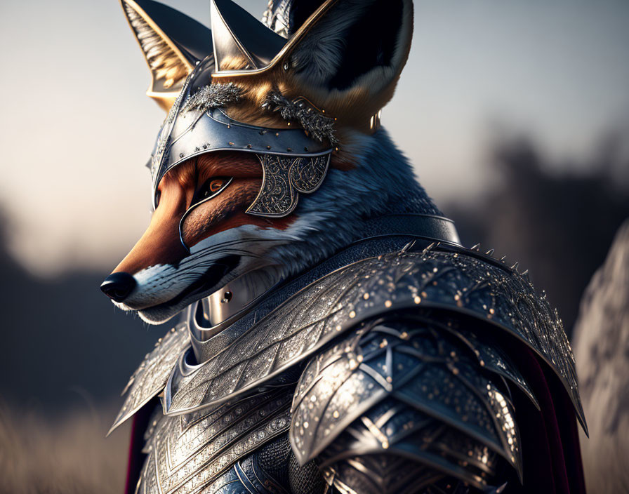 Anthropomorphic fox warrior in ornate medieval armor and helmet.