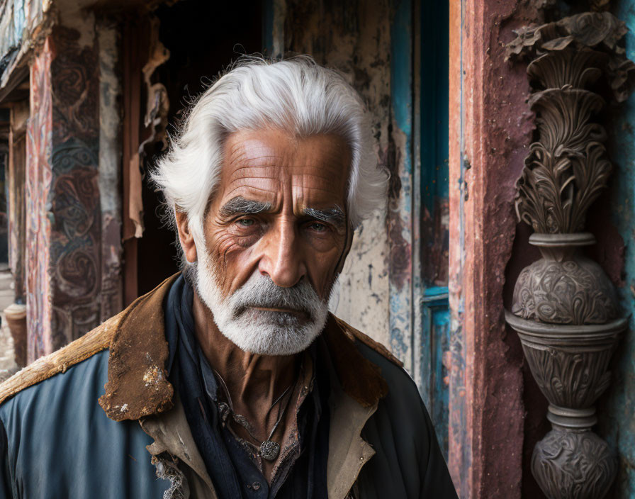 Elderly man with white hair and beard in front of ornate doorway