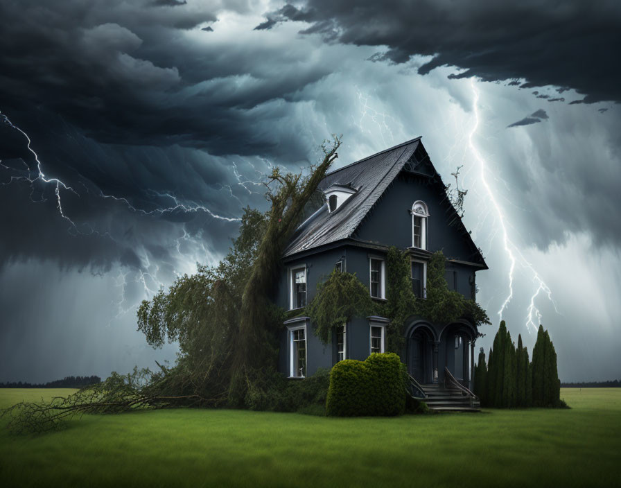 Eerie house in stormy sky with lightning bolts and fallen tree