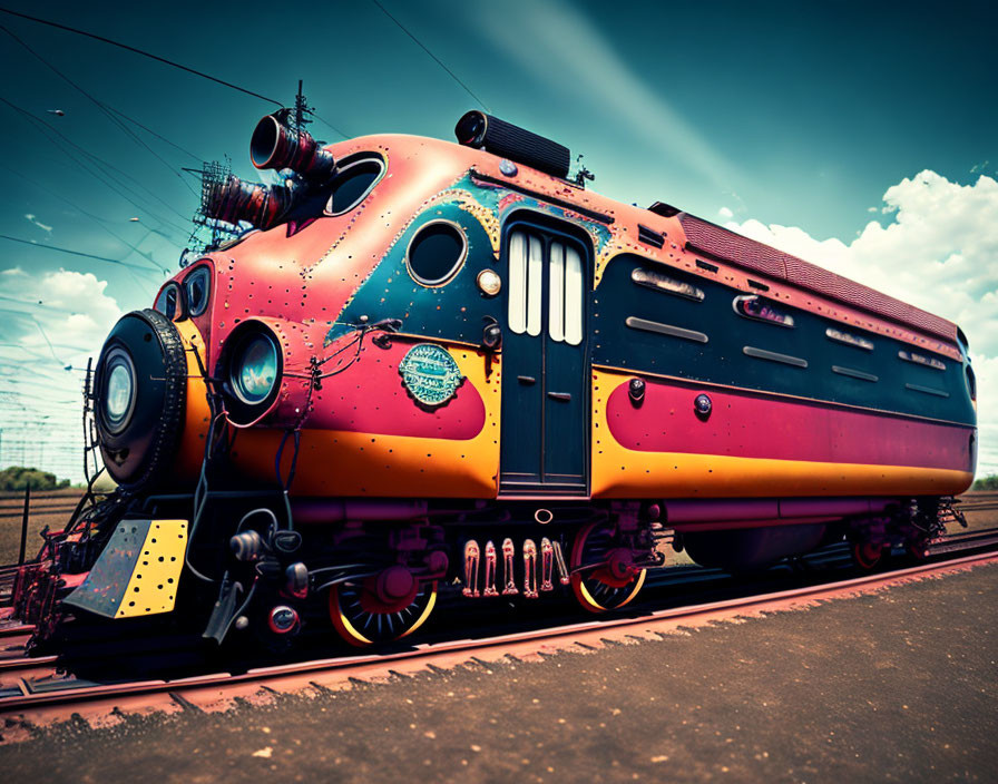 Colorful Vintage Locomotive on Rails Under Blue Sky