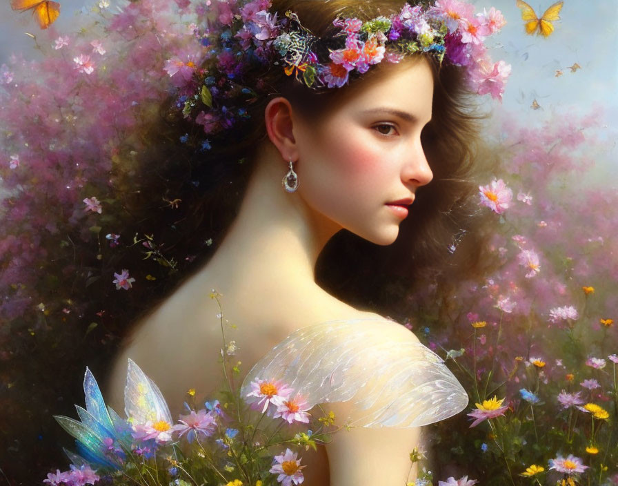 Ethereal woman with floral wreath, soft-focus flowers portrait