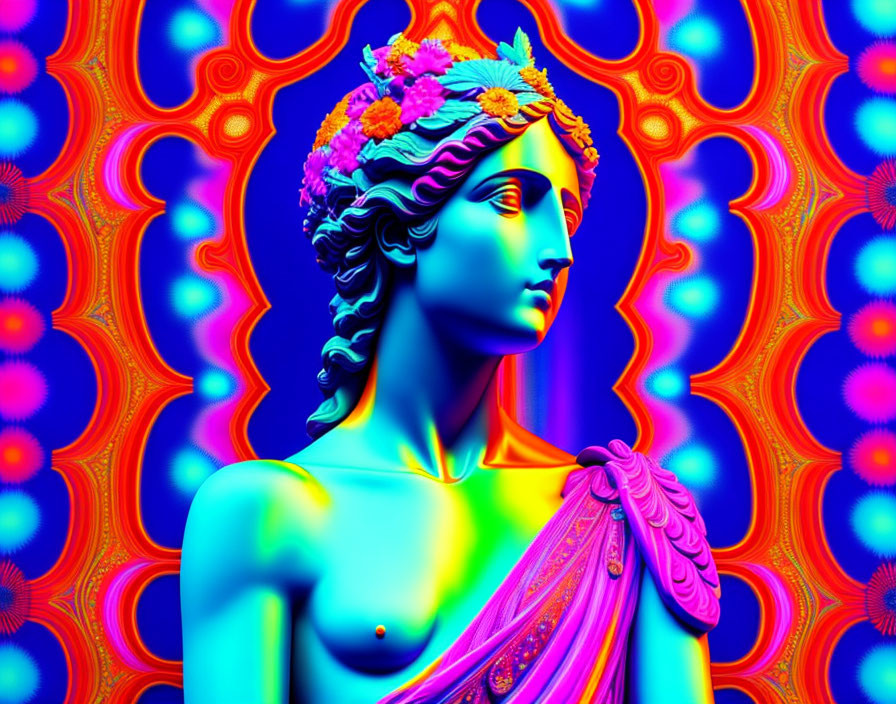 Colorful Classical Statue with Floral Headpiece on Psychedelic Background