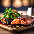 Grilled Salmon with Sesame Glaze, Broccoli, Mango, Green Onions