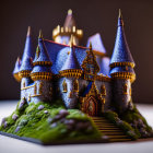 Miniature Castle with Blue Turrets and Green Landscaping