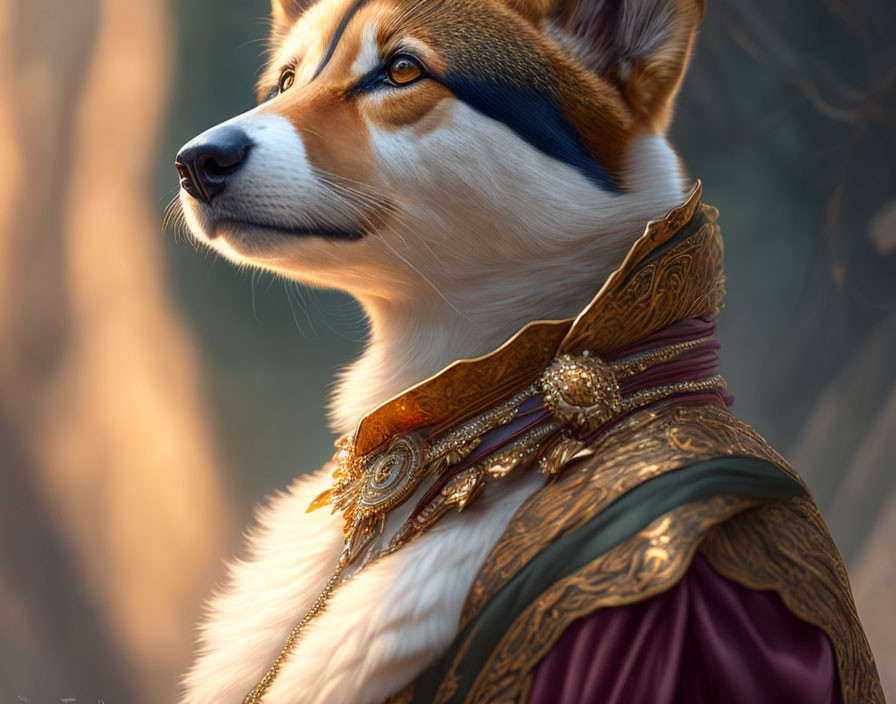 Regal corgi with golden necklace and maroon cloak gazes nobly